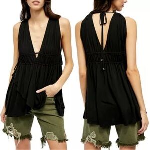 FREE PEOPLE Aries Plunge Neck Tank Top Black Tie Up Long Line Swim Coverup Small
